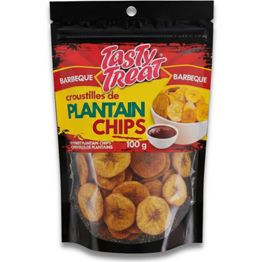 Packaging of Tasty Treat Barbeque Plantain Chips on a white background